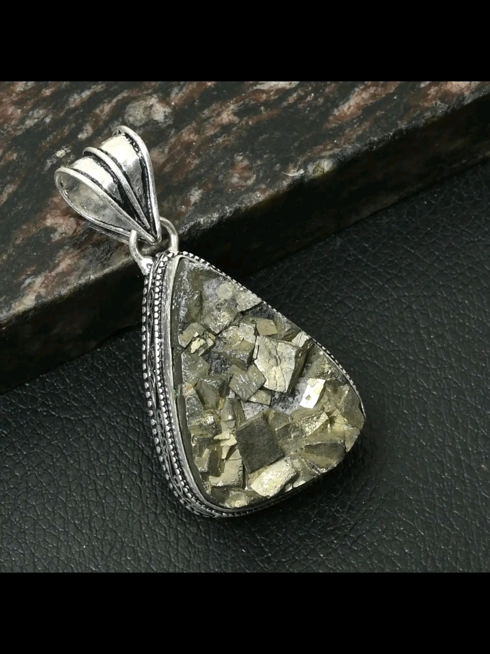 Handmade Silver Pyrite Druzy Teardrop Pendant- Boho Statement